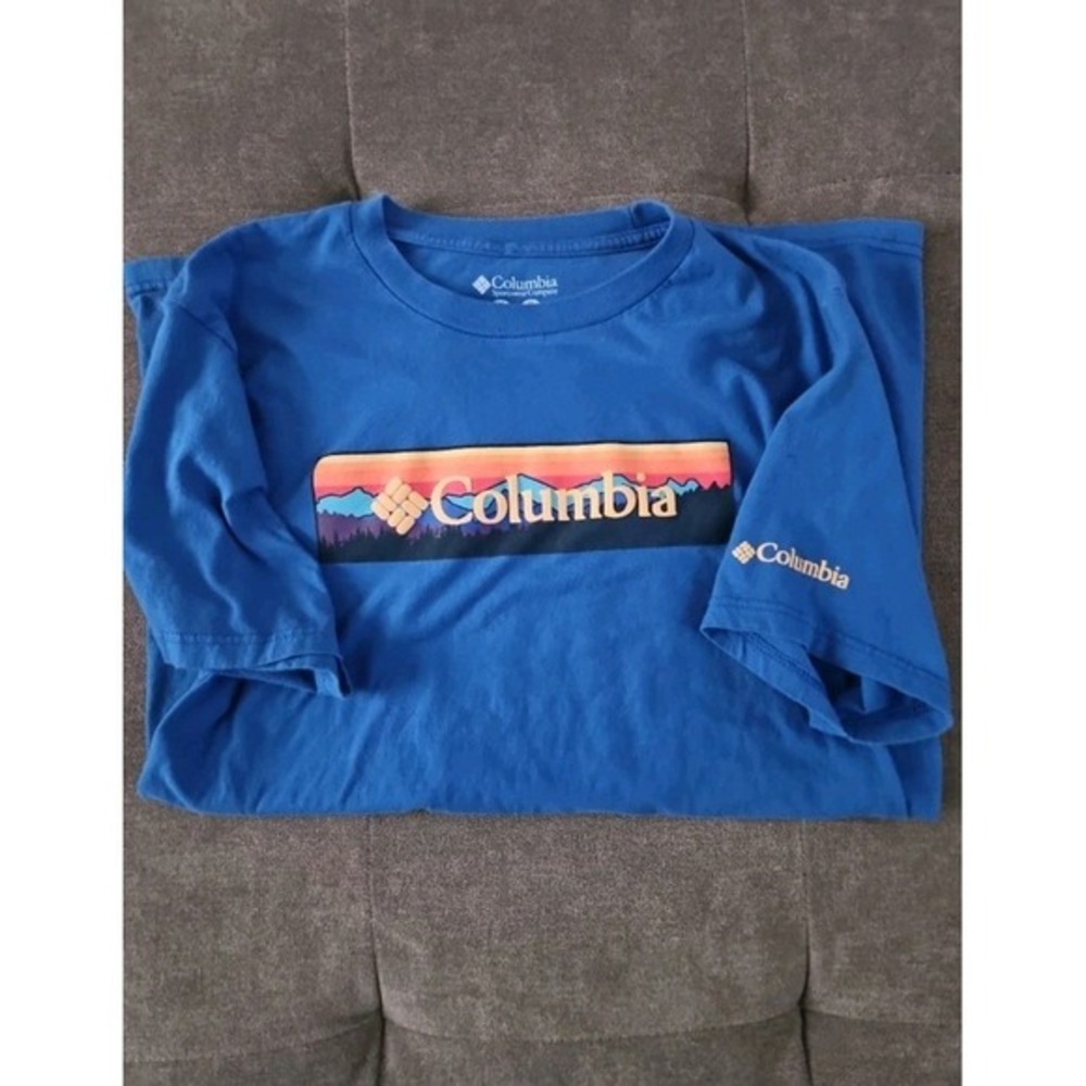 Columbia Mens Graphic T-Shirt Blue Mountain Sunset‎ Logo Short Sleeve Size M